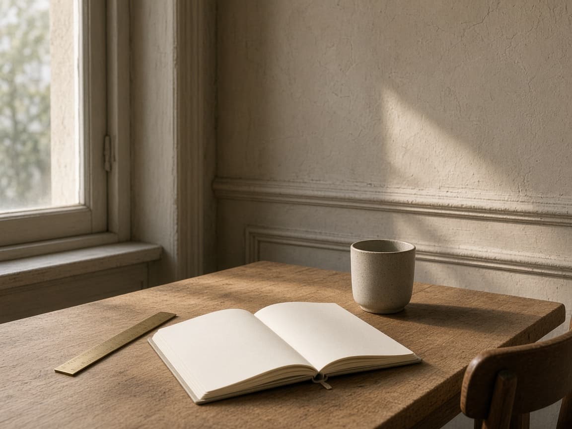 Heller Arbeitsplatz mit aufgeschlagenem Notizbuch, Lineal und Tasse