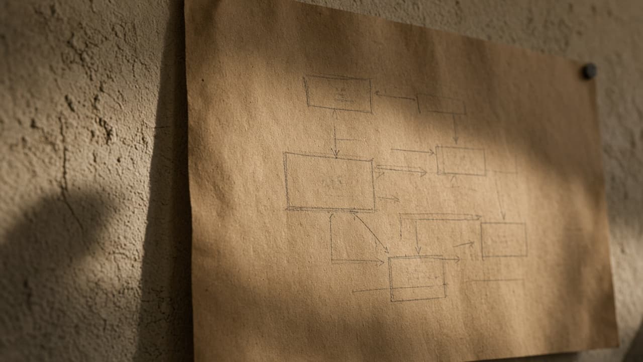 Kraftpapier an einer Wand mit einer unscharfen Ablaufskizze aus Kästen und Pfeilen